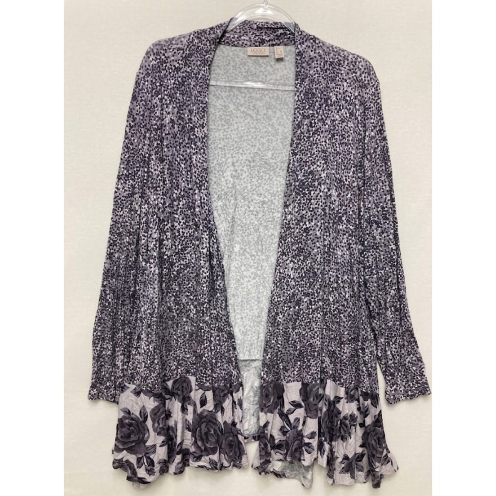 LOGO Lori Goldstein Cardigan 1X Grey Mixed Print Floral Ruffle Open Front Pocket
